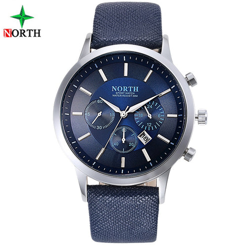 North Luxury Men Watches Waterproof Genuine Leather Fashion Casual Wristwatch Man Business Sport Clock Classic Blue Silver 6009