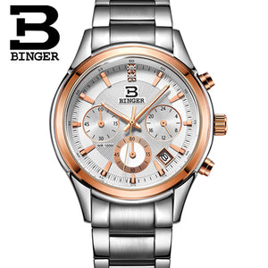 Switzerland BINGER Men's Watch Luxury Brand Quartz waterproof Genuine Leather Strap auto Date Chronograph Male Clock BG6019-M