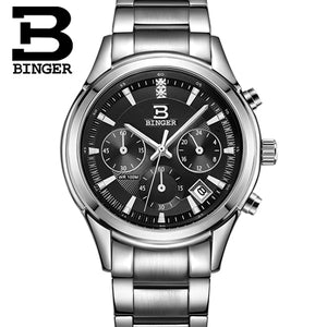 Switzerland BINGER Men's Watch Luxury Brand Quartz waterproof Genuine Leather Strap auto Date Chronograph Male Clock BG6019-M