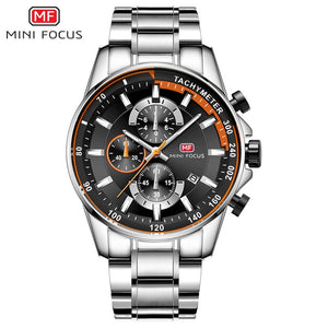 MINI FOCUS Men's Business Dress Watches Stainless Steel Luxury Waterproof Chronograph Quartz Wrist Watch Man Silver 0218G.03